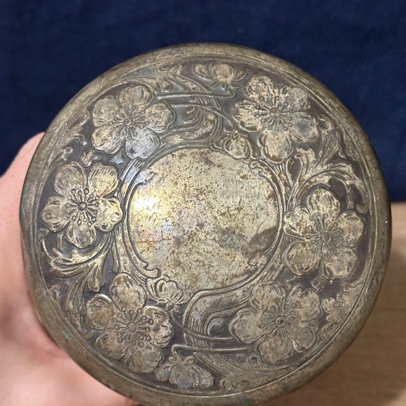 Antique Pressed Glass Vanity Jar with Engraved Metal Lid - Clear & Patina - Picture 2 of 5